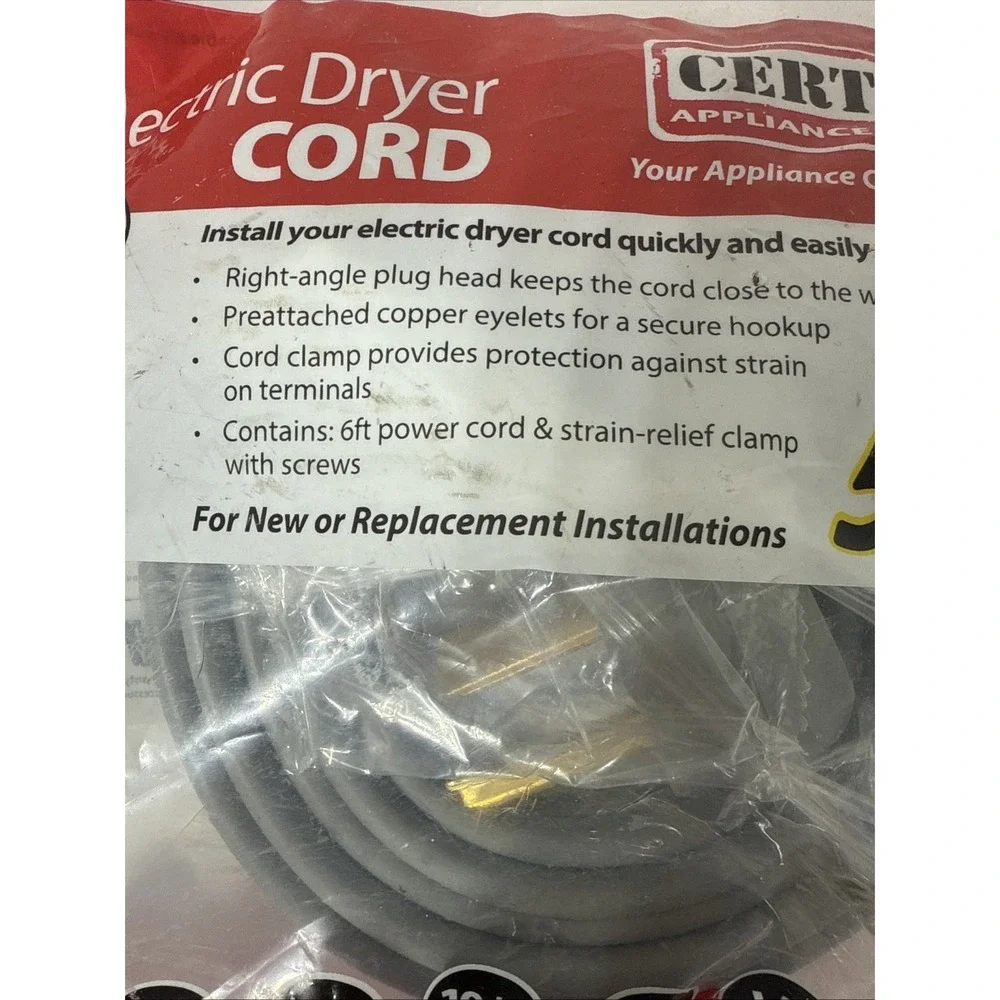 Certified‎ Appliance Accessories 90-1024 Electric Dryer Cord Gray 6ft New